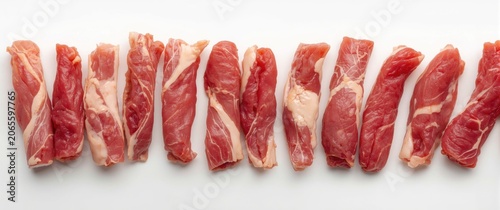 Thin strips of raw meat arr...