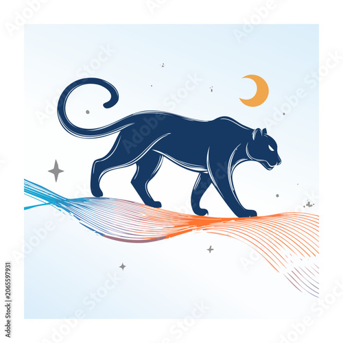 Blue horse silhouette with crescent moon and stars