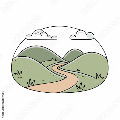 Cartoon Landscape with Winding Path and Clouds