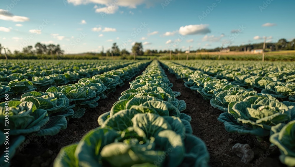 Fototapeta premium Healthy organic cabbage growth on expansive rural agricultural land