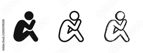 Foto Sad person sitting icon set - depression and loneliness concept