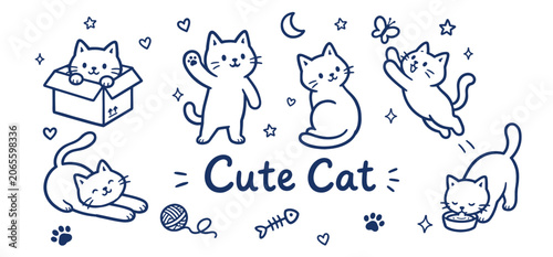 Cute Cats Different Poses Set. Blue Doodle Sketch Set Vector