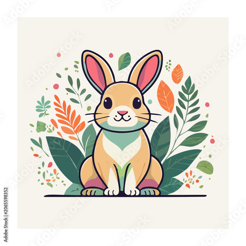 Cute rabbit illustration with spring leaves and flowers