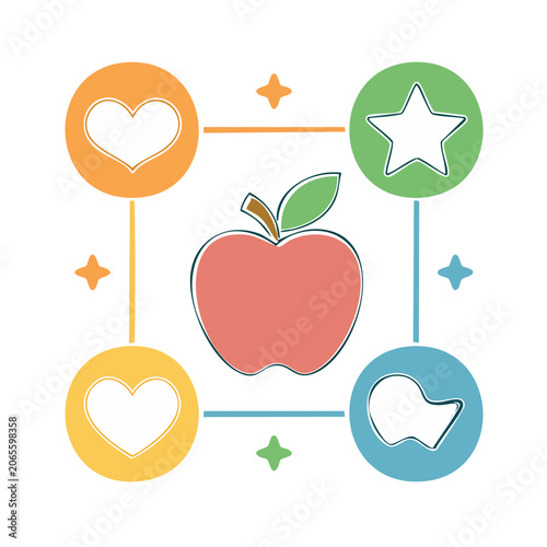 Flat Design Apple with Heart and Star Icons