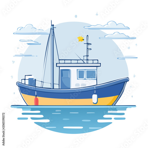 Flat design illustration of a blue and yellow fishing boat at sea