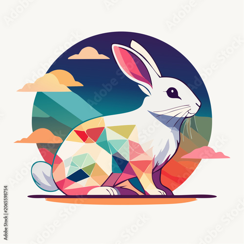 Stylized White Rabbit with Geometric Patterns and Colorful Sky