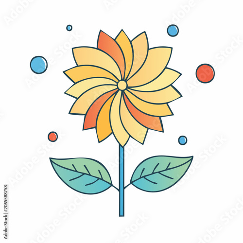 Stylized Flower Illustration with Colorful Petals and Leaves