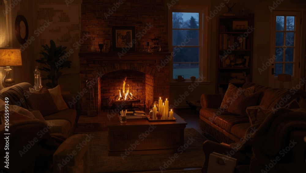 Obraz premium Living room warmth achieved through candlelight flickering before a charming fireplace