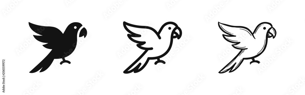 Fototapeta premium Set of parrot icons, solid, outline and sketch style