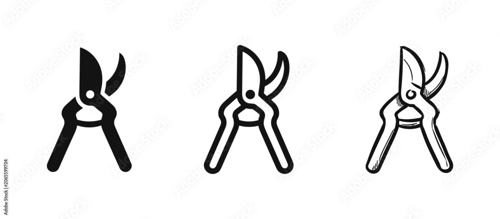 Fototapeta premium Gardening pruning shears icons, solid, outline, and sketch styles