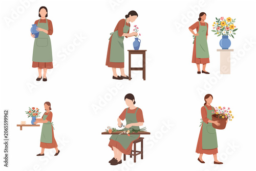 Cuadro en lienzo Set of flat illustrations featuring a female florist arranging flowers, carrying vases, and working in a floral shop