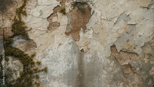 Peeling paint and moss on w...