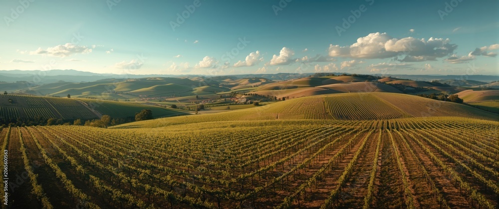 Fototapeta premium High altitude view revealing extensive vineyard patchwork on smooth rolling hills in bright daylight