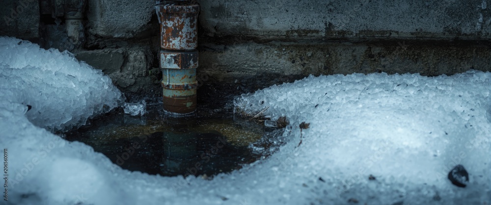 Fototapeta premium Plumbing leak caused by frozen pipe requiring maintenance in winter