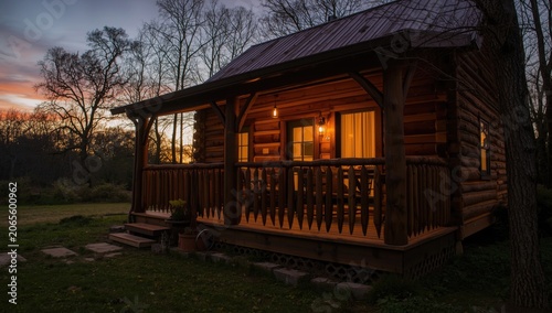 Log cabin with porch at sun...
