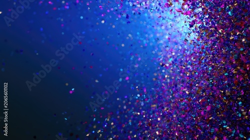 Colorful confetti falls against a dark blue luminous background
