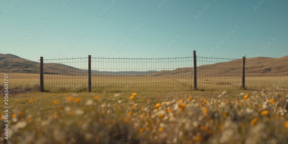 Obraz premium Wire fence in a grassy field with orange wildflowers