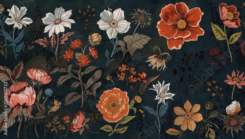 varied eccentric flower illustrations coupled with hip fictional character drawings on dark background