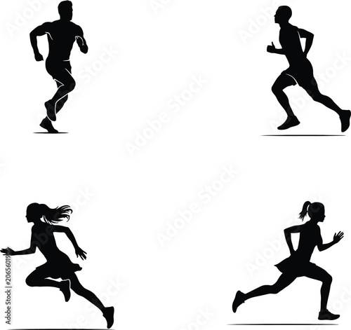 Black silhouette of people running in different poses exercise fitness