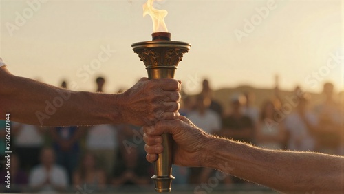 Hand holds glowing Olympic torch, symbolizing unity and global spirit at sunset.
