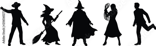 Black silhouette of people in various poses and activities woman