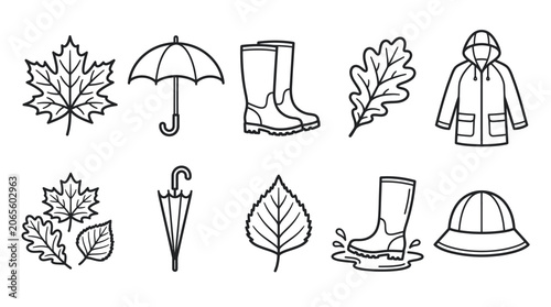 Cuadro en lienzo Autumn season clothing and rainy weather line icons.