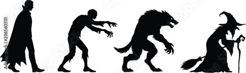 Silhouettes of four people walking in different poses, black and white