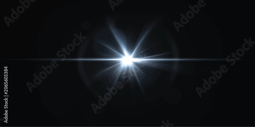Fotografie Bright blue optical lens flare light effect on black with starburst background a