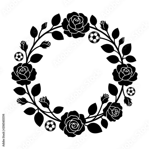 Decorative Rose and Soccer Ball Silhouette Wreath Frame Vector