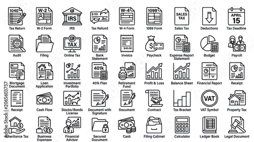 Accounting and tax preparation line icon collection.