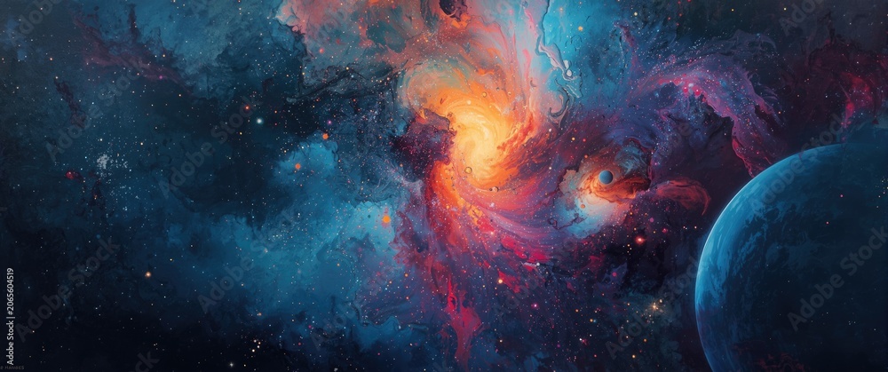 Fototapeta premium Colorful swirling nebula with a planet in outer space
