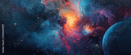 Colorful swirling nebula with a planet in outer space