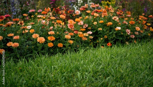 Flower bed with orange zinn...