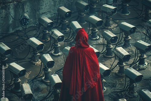 Metaphorical image of a cloaked user surrounded by surveillance cameras