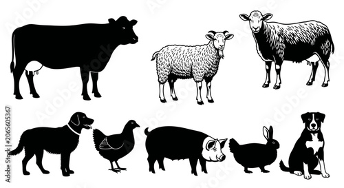 Black silhouettes of farm and pet animals.