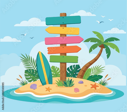 Blank Colorful Wooden Signpost on a Tropical Beach Island Vector Illustration