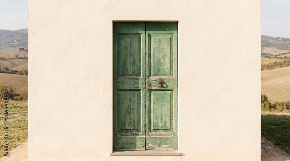 Fototapeta premium Vintage Green Door on Stucco Wall, Rustic Charm and Timeless Architecture
