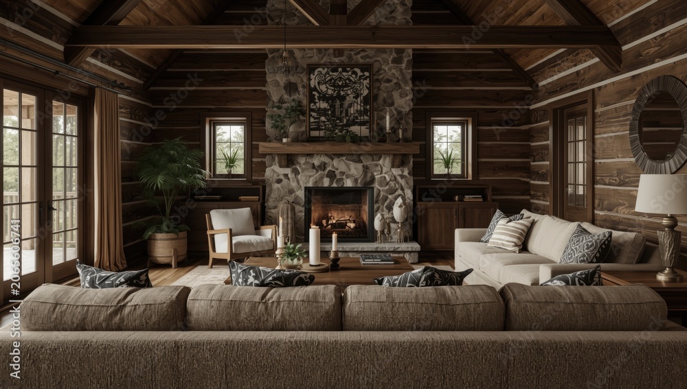 Obraz premium Cozy log cabin living room with a stone fireplace