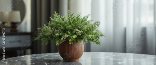 Potted green plant on a mar...