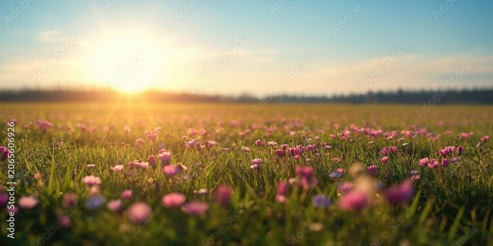 Obraz premium Radiant spring sun shining on a vast field filled with pink and purple flowers and thick green grass