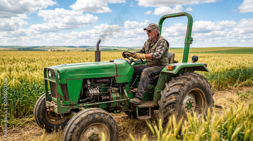 Obraz premium A modern green tractor being driven by an unidentifiable farmer across a picturesque sunlit agricultural field during harvest time, representing sustainable organic farming practices