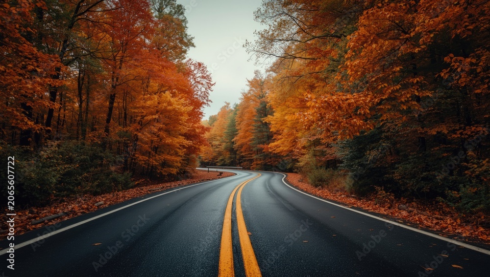 Naklejka premium Curvy asphalt parkway cutting through forest painted with fall foliage hues