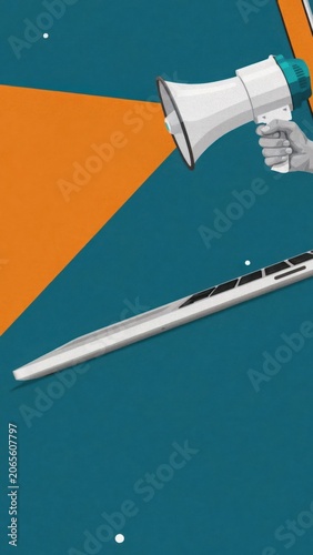 Hand holding megaphone with laptop on colorful background