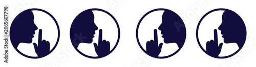 Obraz na plátně Silence Please: Four identical circular icons depicting a silhouette of a person with a finger pressed to their lips, conveying a universal sign for silence and quiet