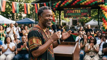 Inspiring African American community leader giving an emotional speech at a vibrant Juneteenth celebration while holding a microphone, capturing freedom, heritage, and unity in a powerful moment.