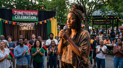A passionate community leader delivers an inspiring speech during a lively Juneteenth outdoor celebration, holding a classic microphone to empower the diverse crowd with a message of hope.