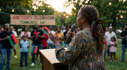 Dynamic community advocate delivering a powerful keynote speech at an outdoor Juneteenth commemorative festival, holding an unbranded microphone to inspire freedom, equality, and pride.