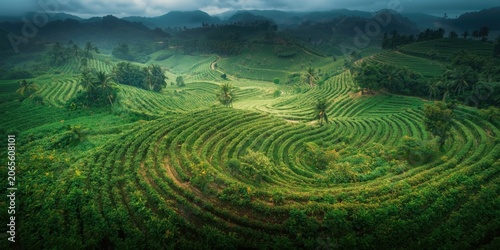 Terraced green fields in a ...