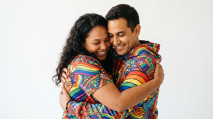 A smiling couple in colorful rainbow-patterned shirts hugs warmly against a white background, ideal for Pride Month inclusion, diversity, and love-focused campaigns.
