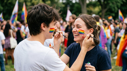 Two young people laugh while painting rainbow pride flags on each other's cheeks at an outdoor Pride event surrounded by a crowd, great for LGBTQ pride month and diversity campaigns.